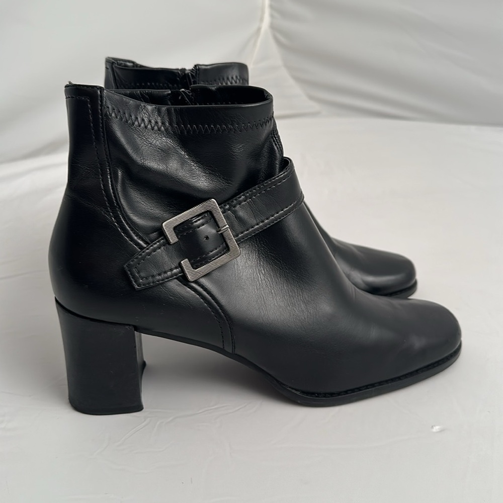 Franco Sarto black leather side zip buckle embellishment bootie